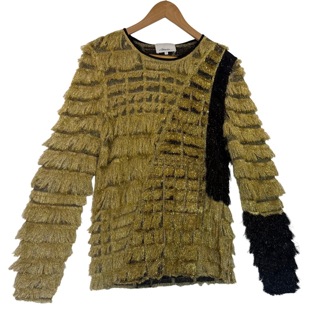 3.1 Phillip Lim Metallic Gold Fringe Shag Colorblock Pullover Sweater Glam Sz S